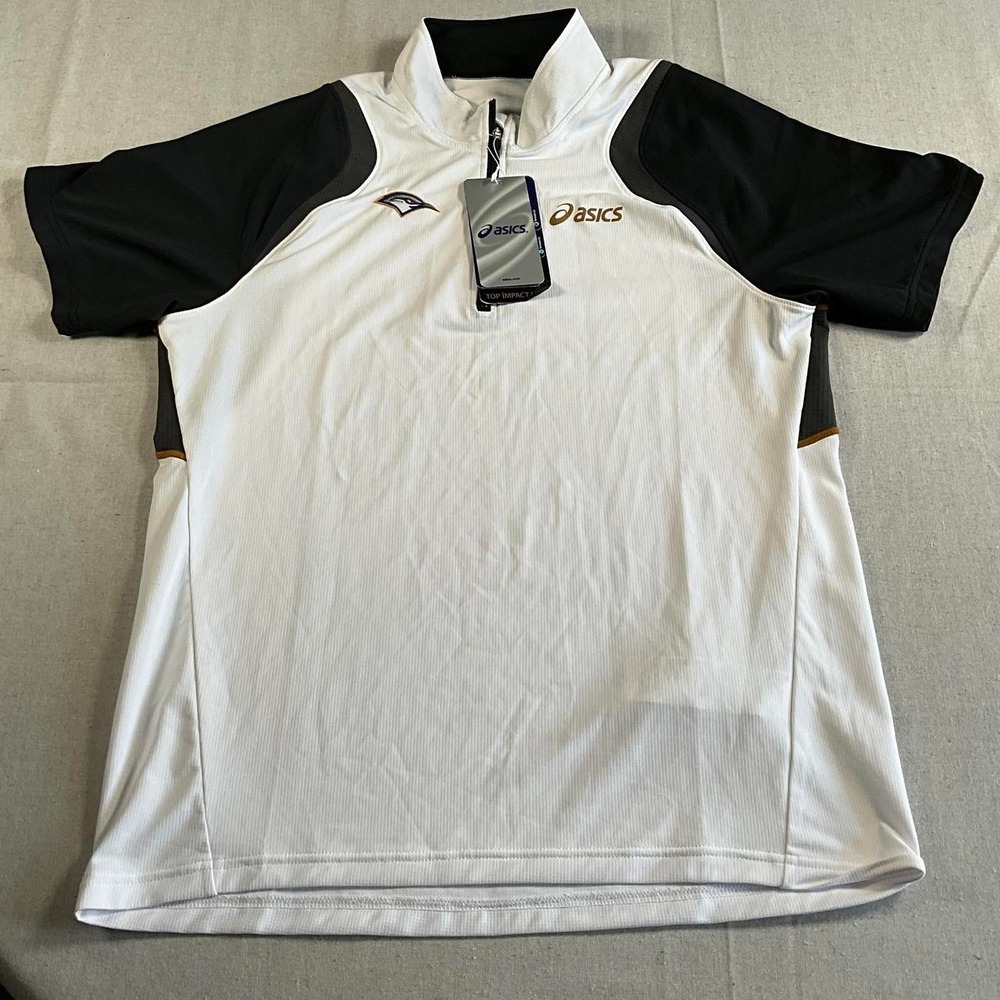 Mens ASICS Top Impact White Black Athletic Performance Zip Up Polo (Large)